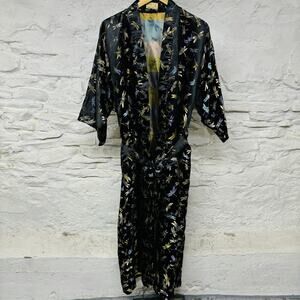Vtg 70s Kimono Style Robe Rainbow & Black Dragonfly Pattern Silky Rayon Blend